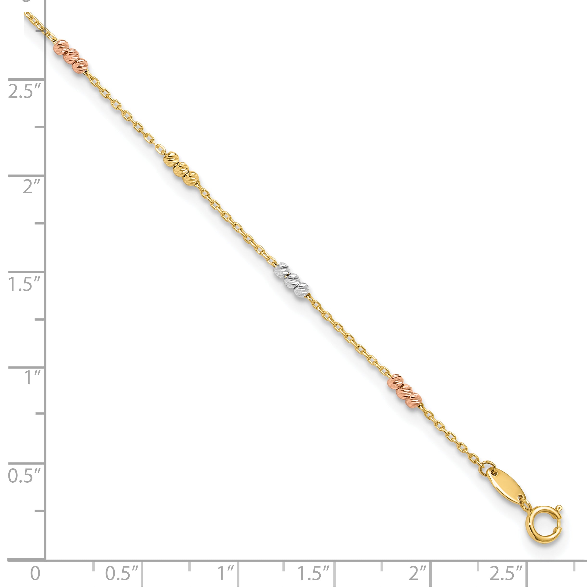 10K Tri-color Polished with D/C Bead 9in Plus 1in. ext. Anklet