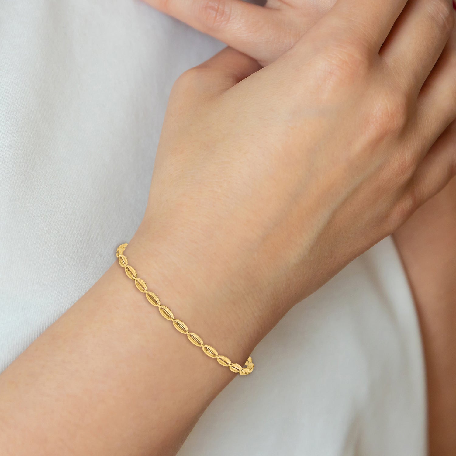 10K Polished and Textured Fancy Oval Link Bracelet