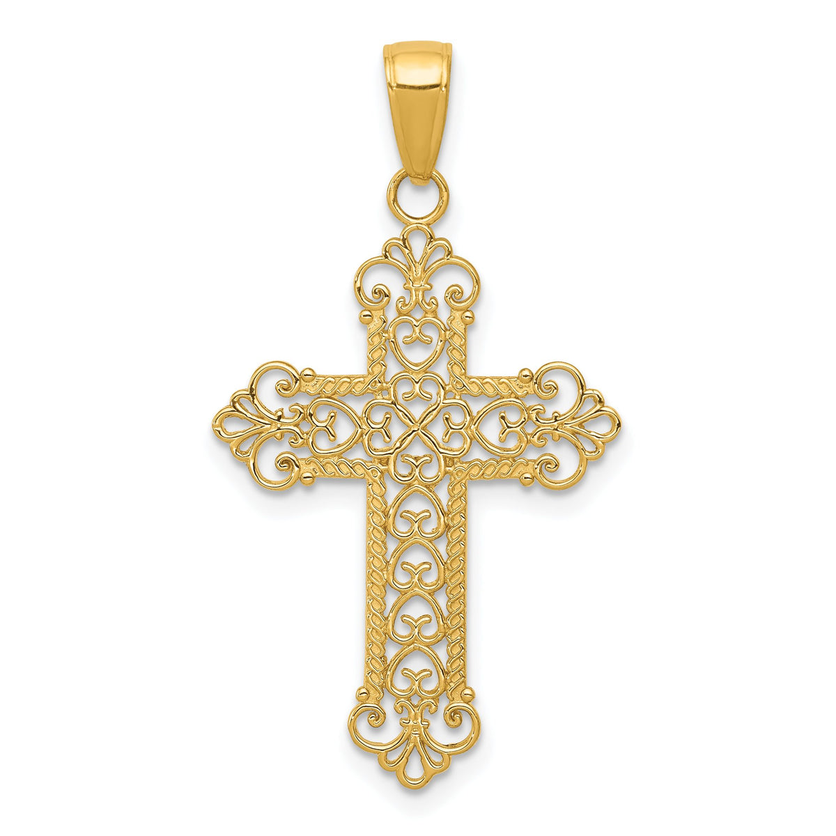 Filigree Fleur-de-Lis Cross Charm in 10K Yellow Gold, 36mm - Sophia Jewelers Main image