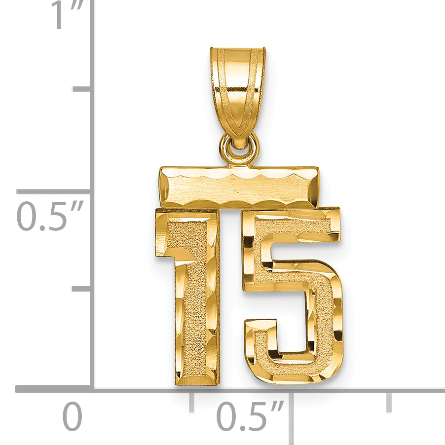 10k Small Brushed Diamond-cut Number 15 Charm