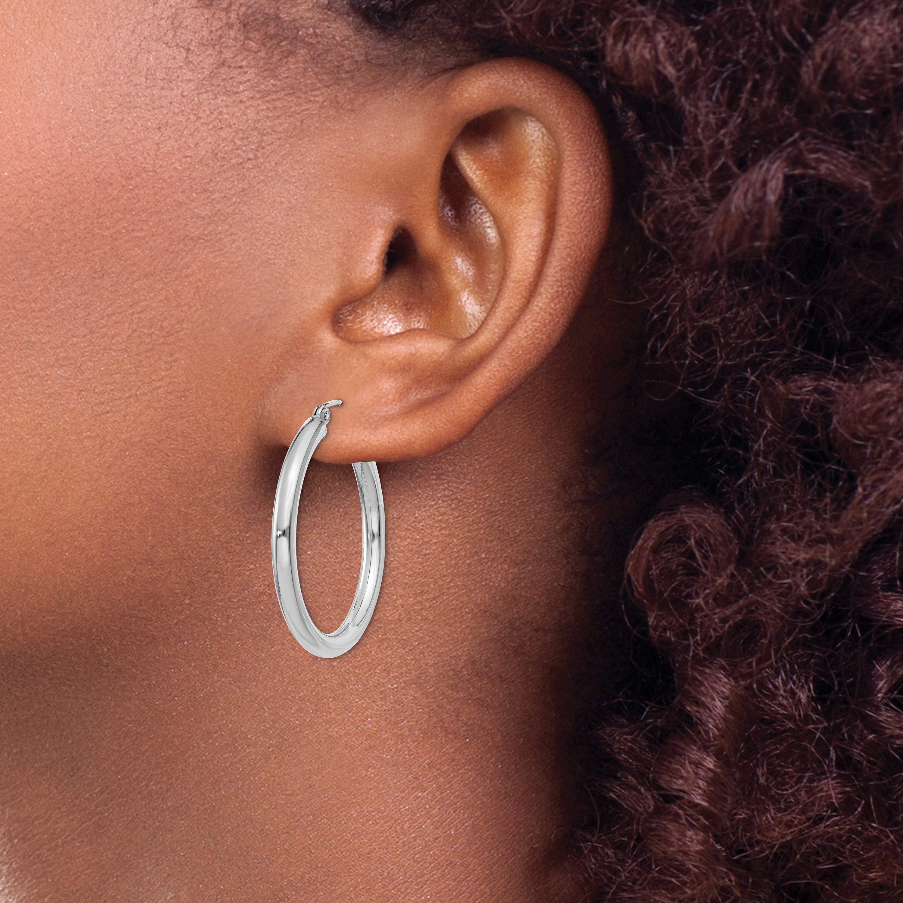 10k White Gold Polished 3mm Lightweight Tube Hoop Earrings