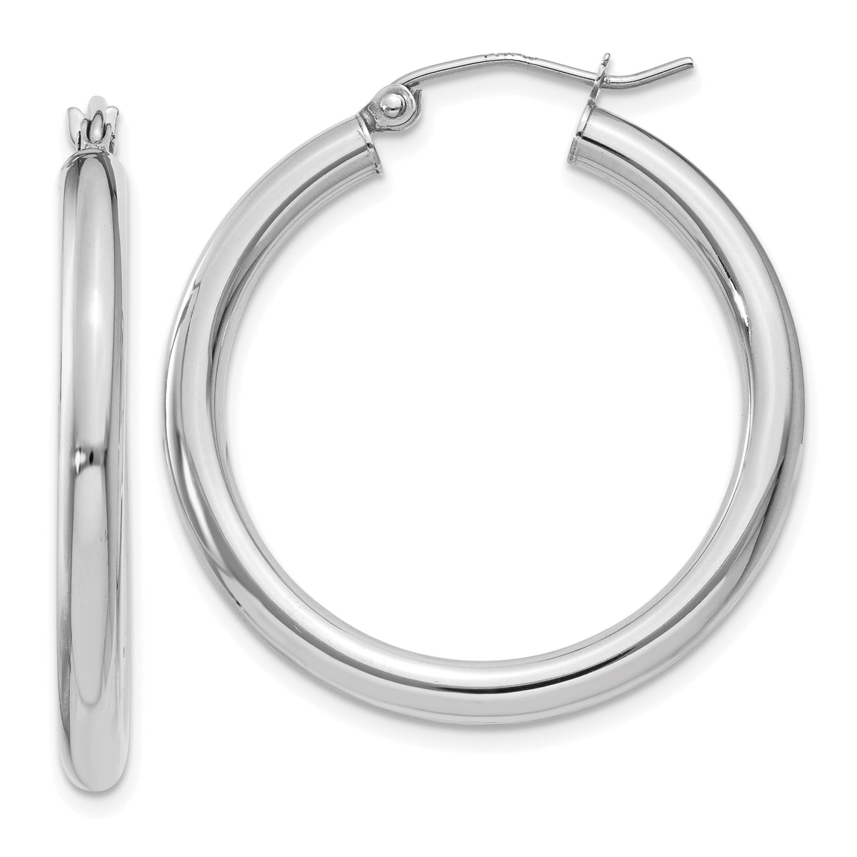 10k White Gold Polished 3mm Lightweight Tube Hoop Earrings
