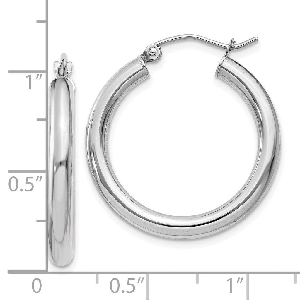 10k White Gold Polished 3mm Lightweight Tube Hoop Earrings