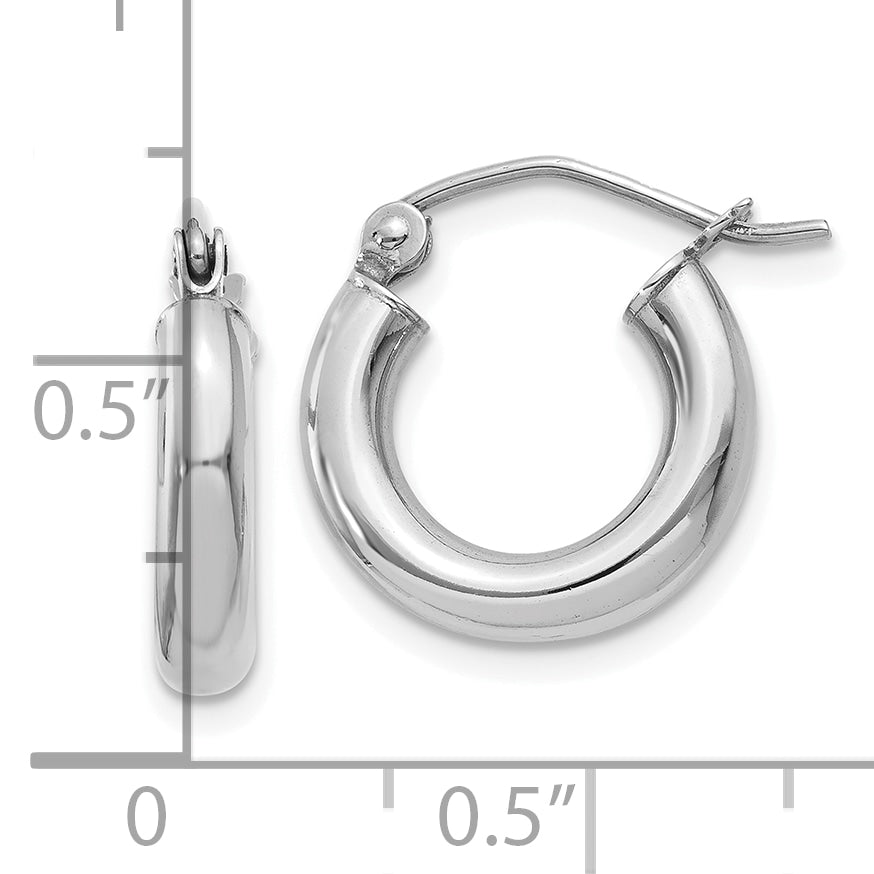 10k White Gold Polished 3mm Lightweight Tube Hoop Earrings