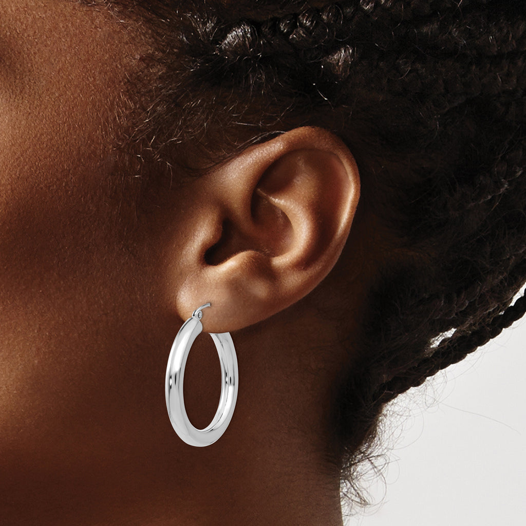 10k White Gold Polished 4mm Lightweight Tube Hoop Earrings