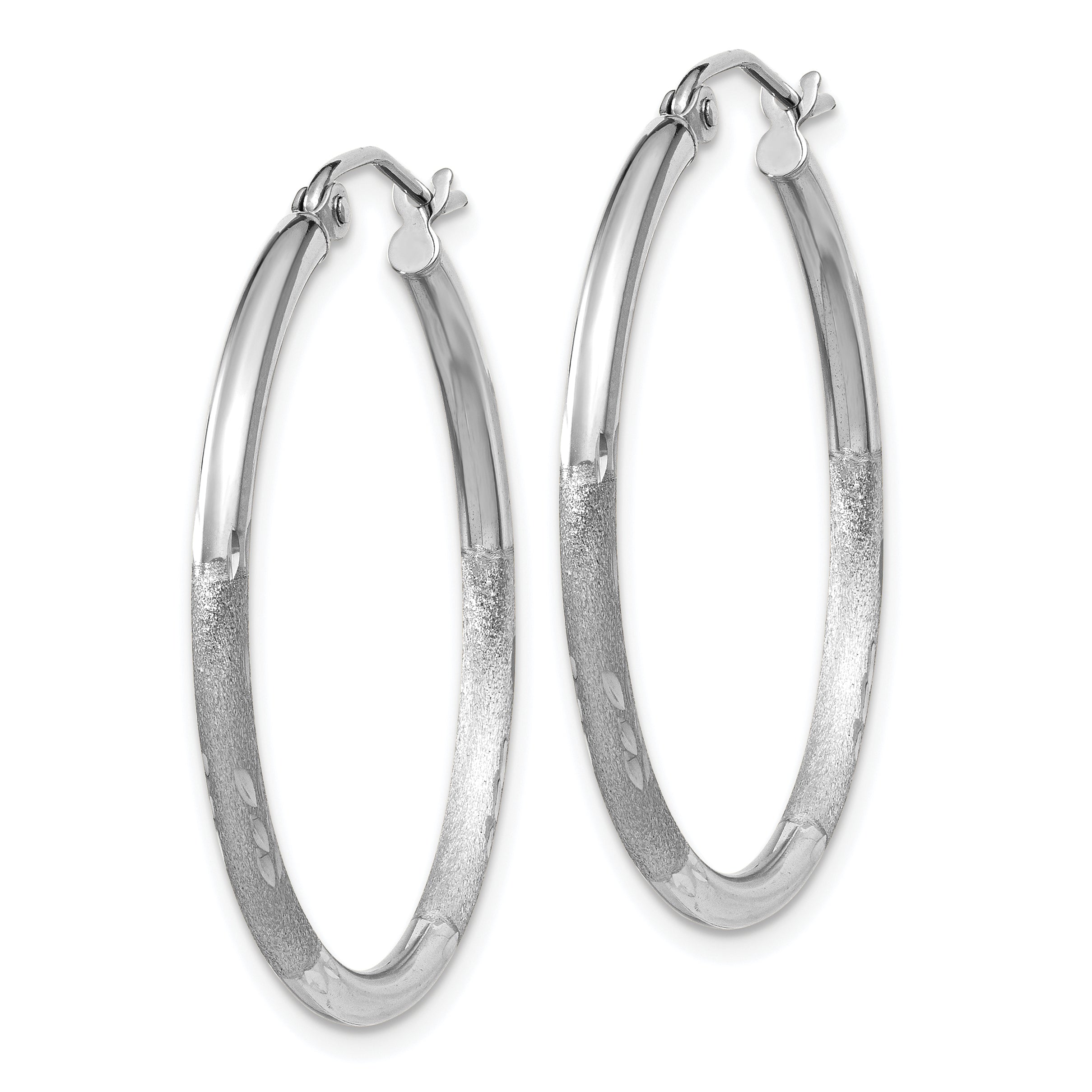 10k White Gold Satin and Diamond-cut 2mm Round Hoop Earrings