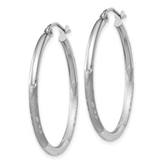 10k White Gold Satin and Diamond-cut 2mm Round Hoop Earrings