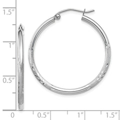 10k White Gold Satin and Diamond-cut 2mm Round Hoop Earrings
