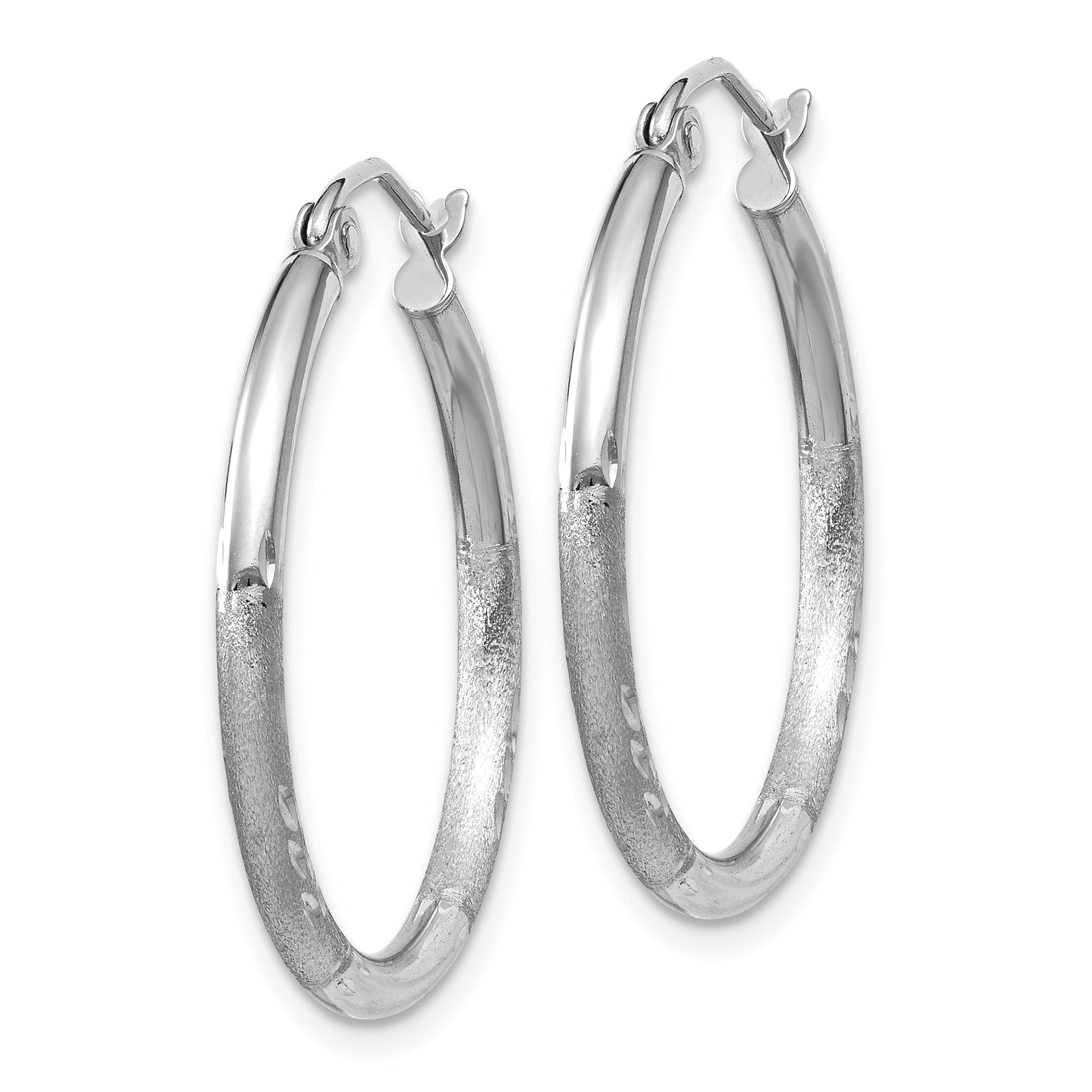 10k White Gold Satin and Diamond-cut 2mm Round Hoop Earrings