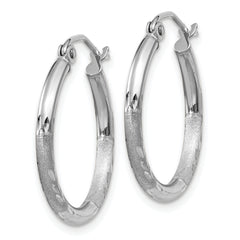 10k White Gold Satin and Diamond-cut 2mm Round Hoop Earrings