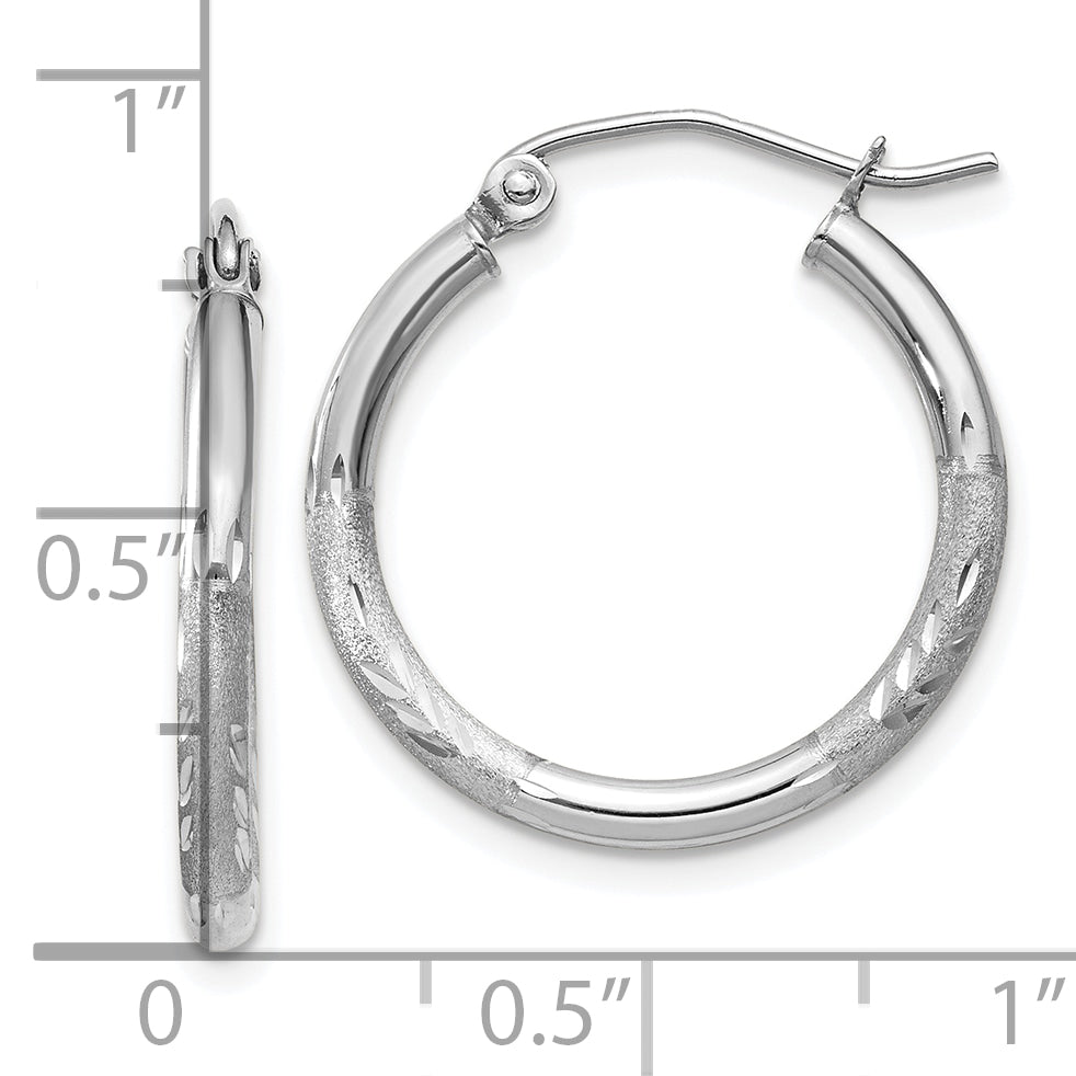 10k White Gold Satin and Diamond-cut 2mm Round Hoop Earrings