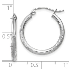 10k White Gold Satin and Diamond-cut 2mm Round Hoop Earrings