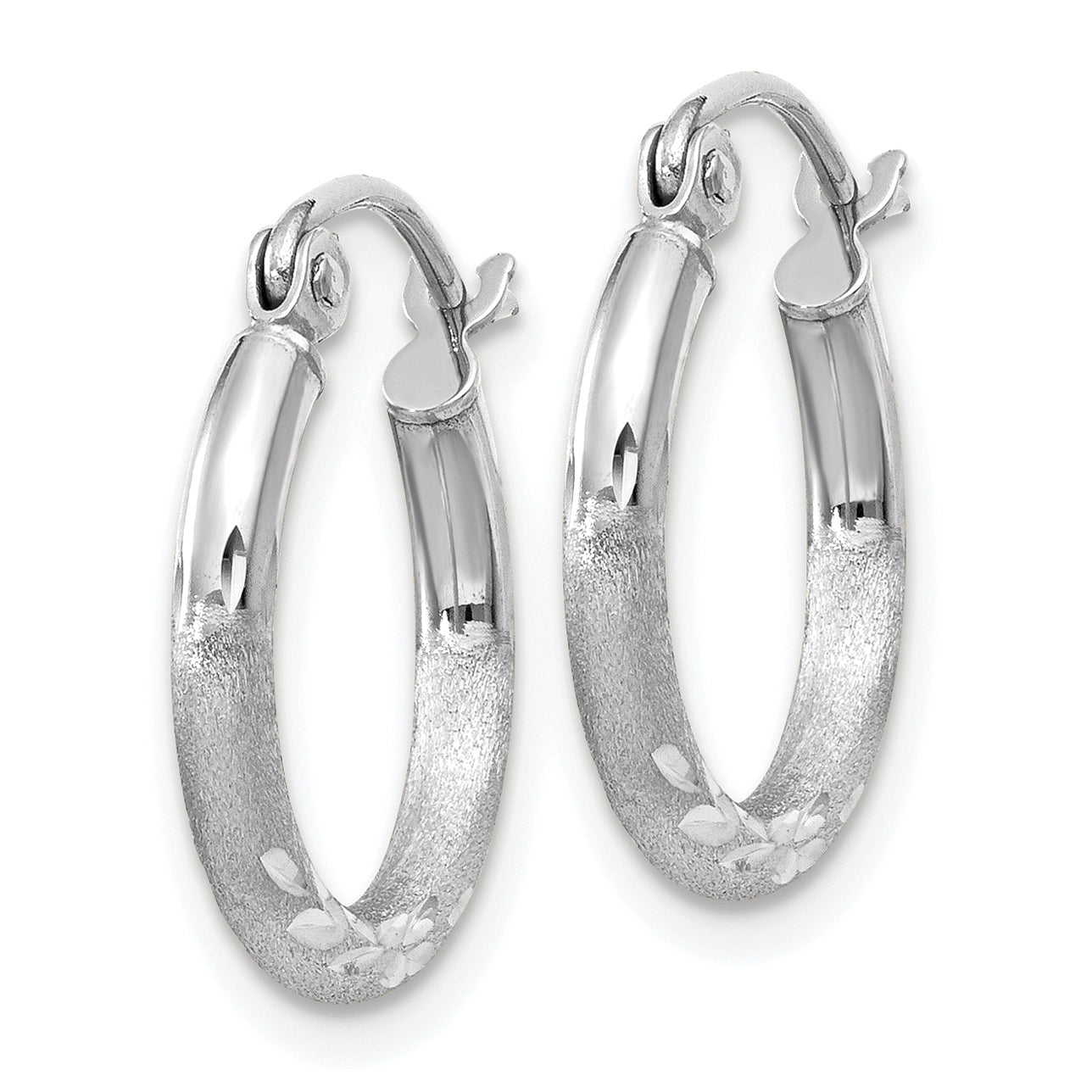 10k White Gold Satin and Diamond-cut 2mm Round Hoop Earrings