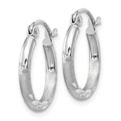 10k White Gold Satin and Diamond-cut 2mm Round Hoop Earrings