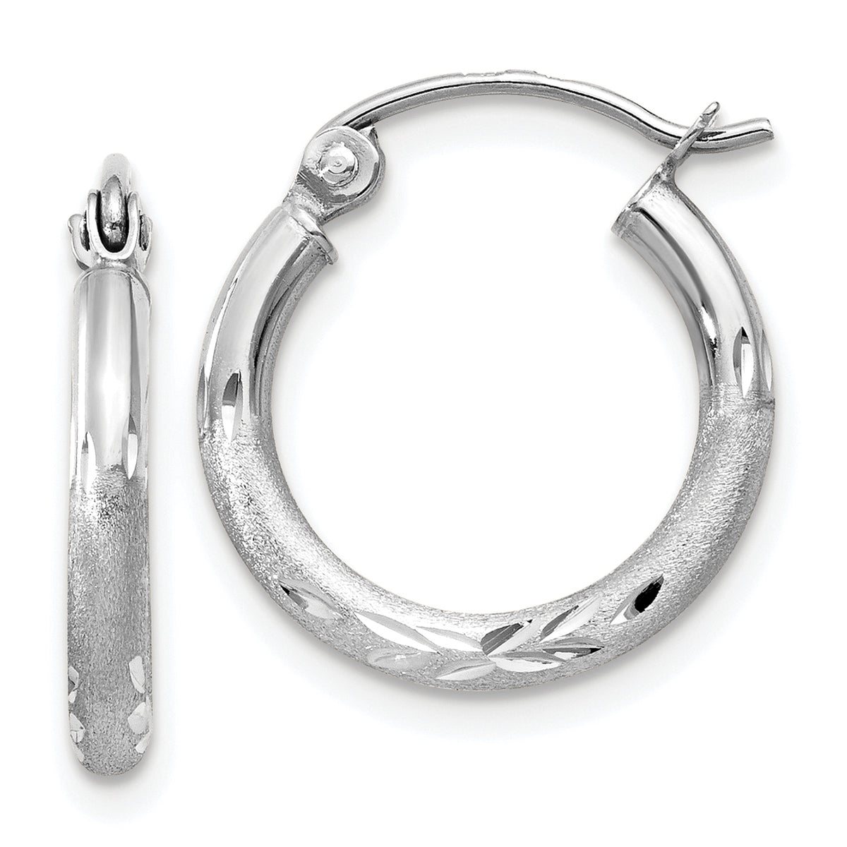 10k White Gold Satin and Diamond-cut 2mm Round Hoop Earrings