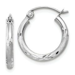 10k White Gold Satin and Diamond-cut 2mm Round Hoop Earrings