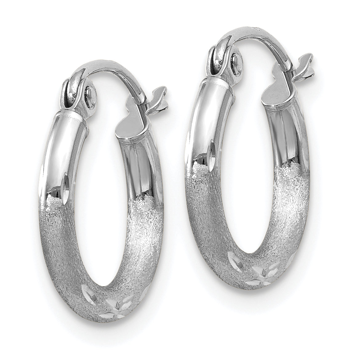 10k White Gold Satin and Diamond-cut 2mm Round Hoop Earrings