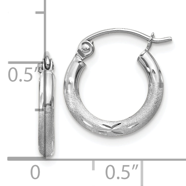10k White Gold Satin and Diamond-cut 2mm Round Hoop Earrings