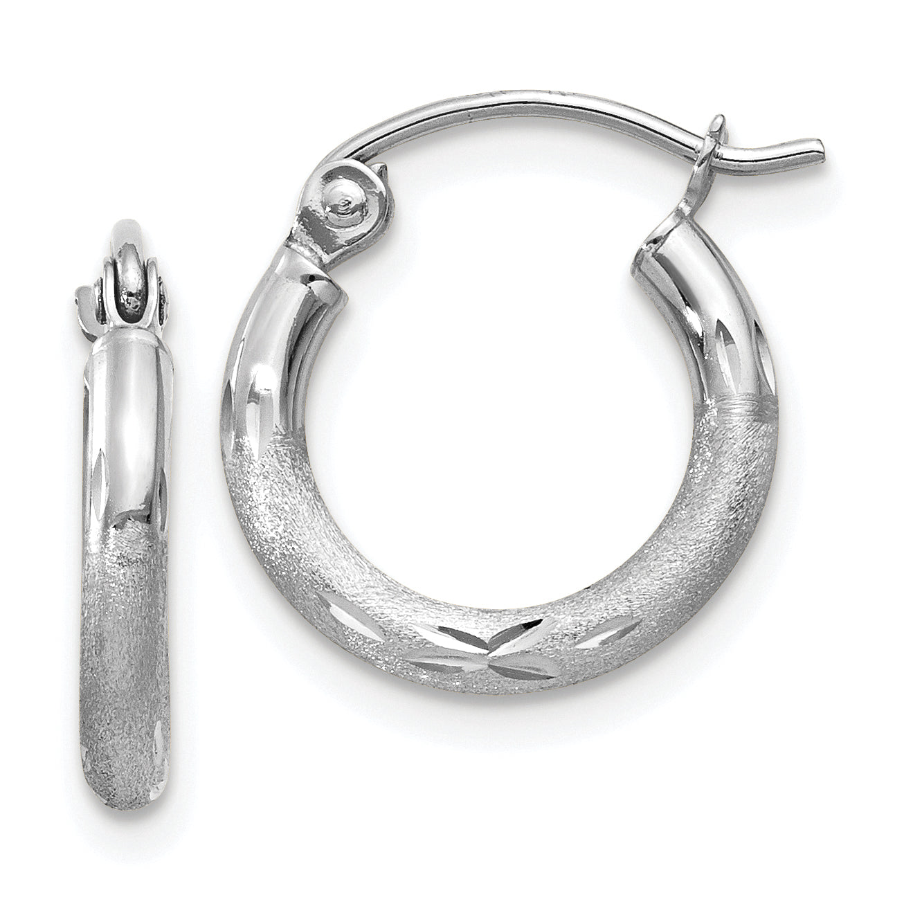 10k White Gold Satin and Diamond-cut 2mm Round Hoop Earrings