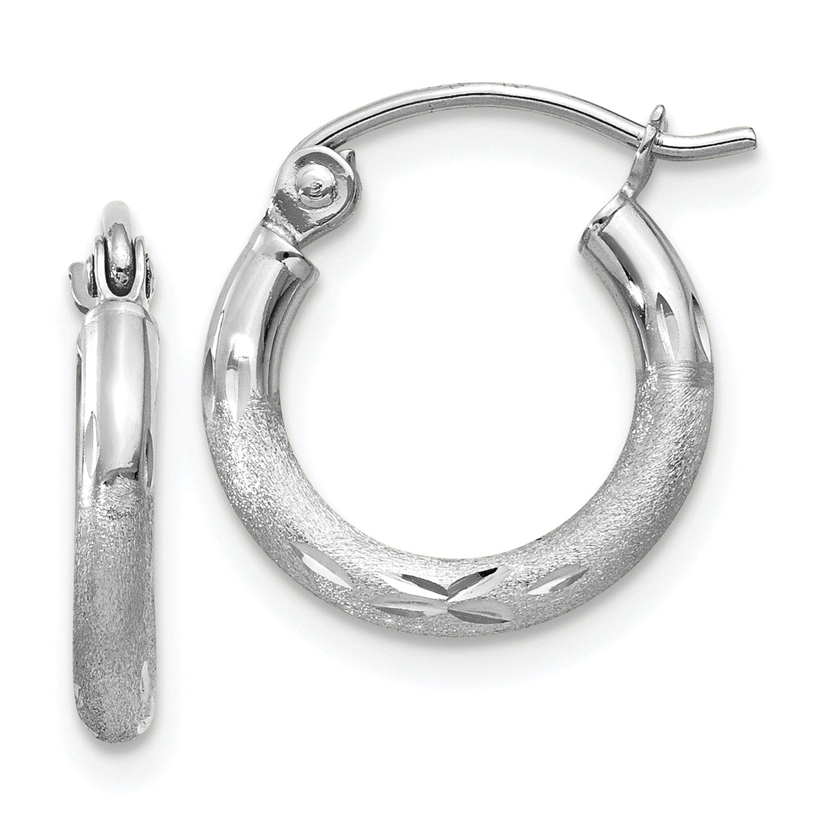 10k White Gold Satin and Diamond-cut 2mm Round Hoop Earrings