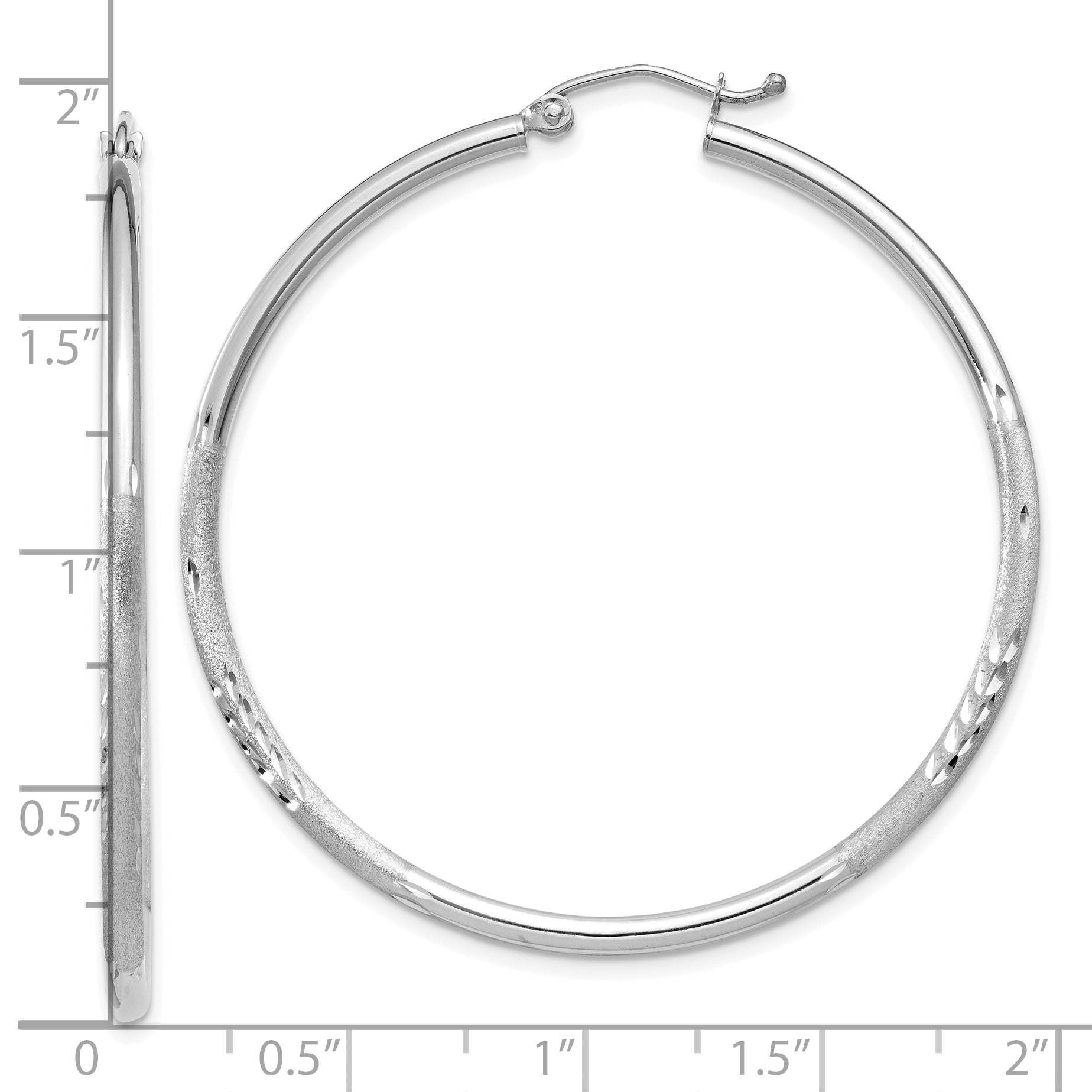 10k White Gold Satin and Diamond-cut 2mm Round Hoop Earrings