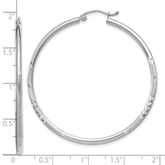 10k White Gold Satin and Diamond-cut 2mm Round Hoop Earrings