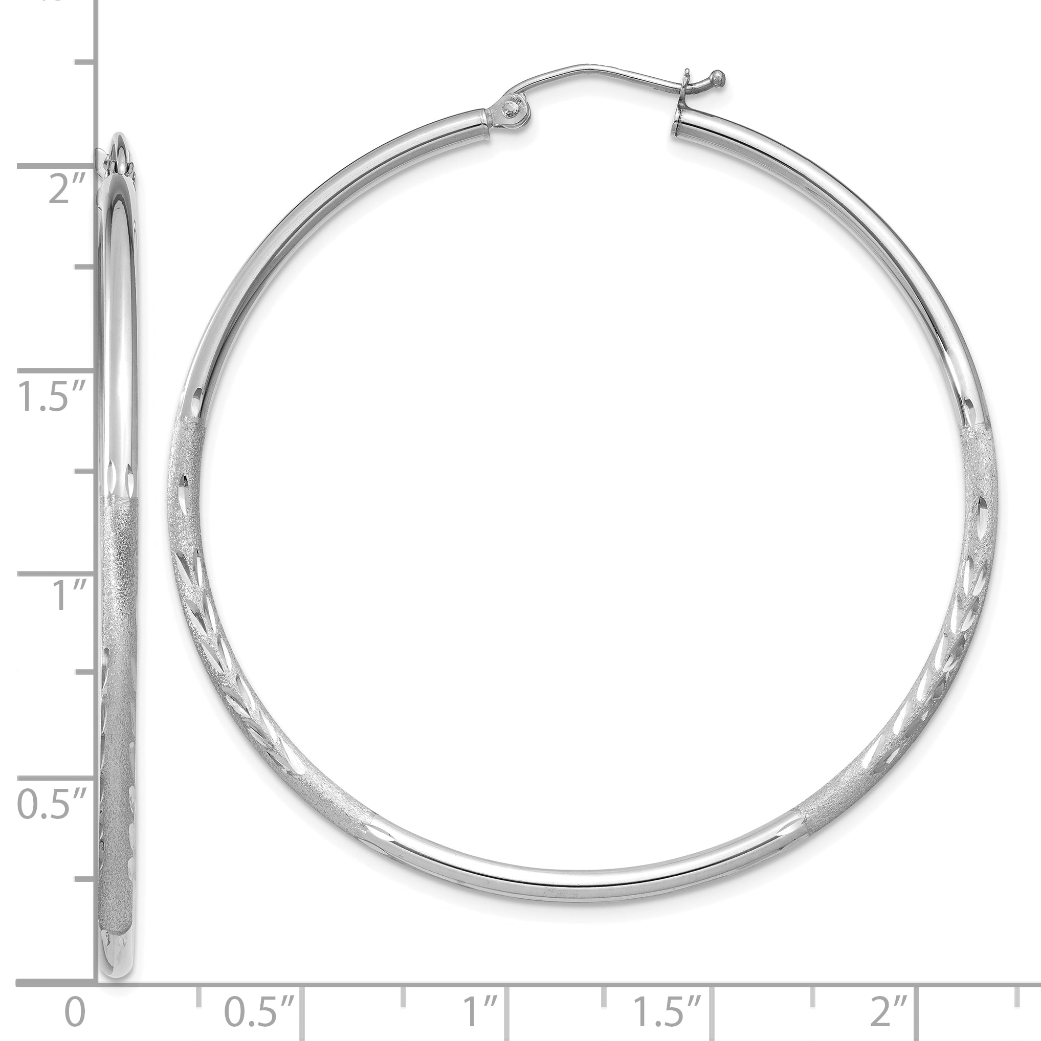 10k White Gold Satin and Diamond-cut 2mm Round Hoop Earrings