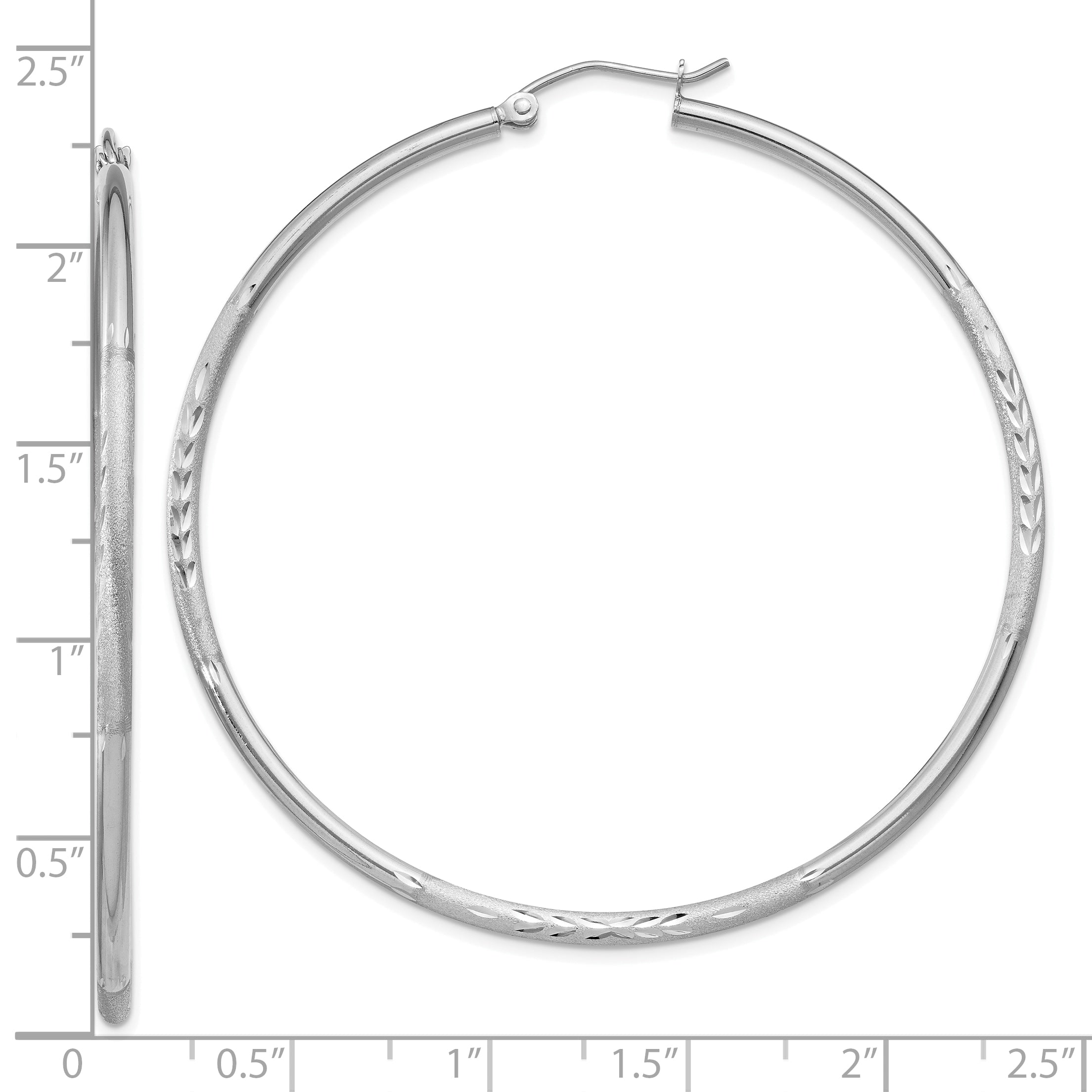 10k White Gold Satin and Diamond-cut 2mm Round Hoop Earrings