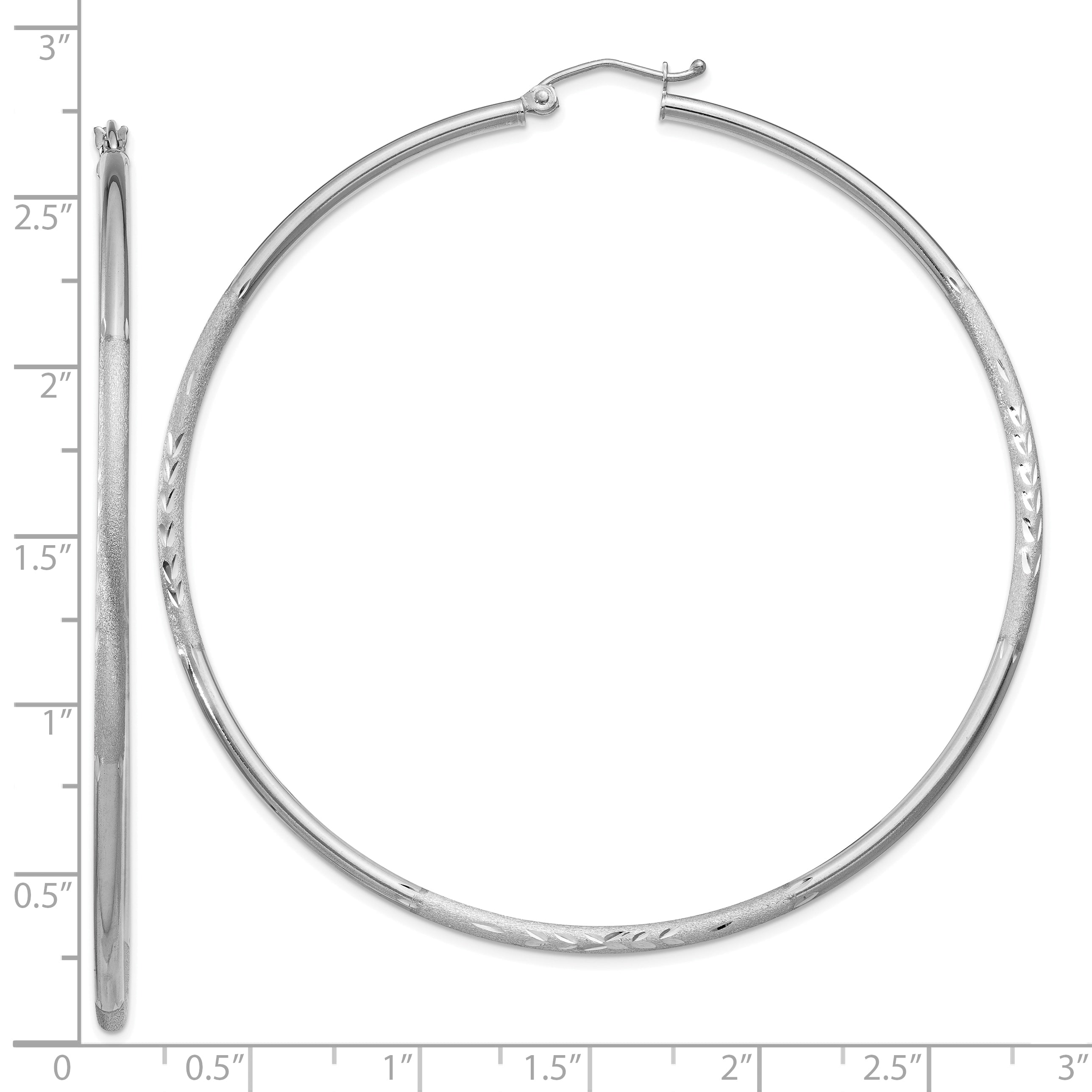 10k White Gold Satin and Diamond-cut 2mm Round Hoop Earrings