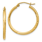 10k Satin and Diamond-cut 2mm Round Tube Hoop Earrings