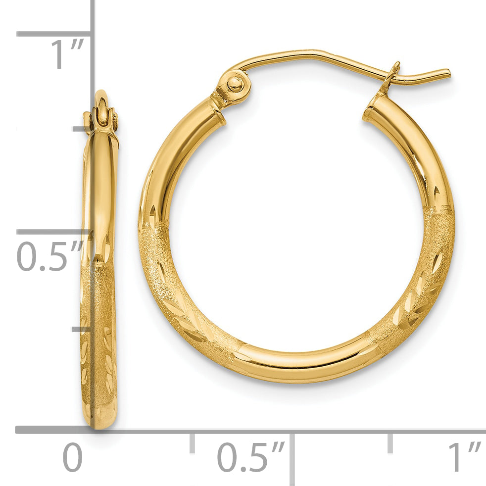 10k Satin and Diamond-cut 2mm Round Tube Hoop Earrings