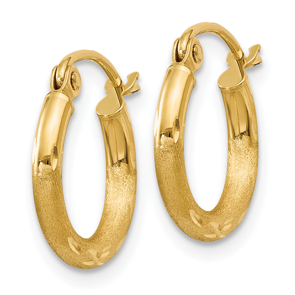 10k Satin and Diamond-cut 2mm Round Tube Hoop Earrings Secondary image