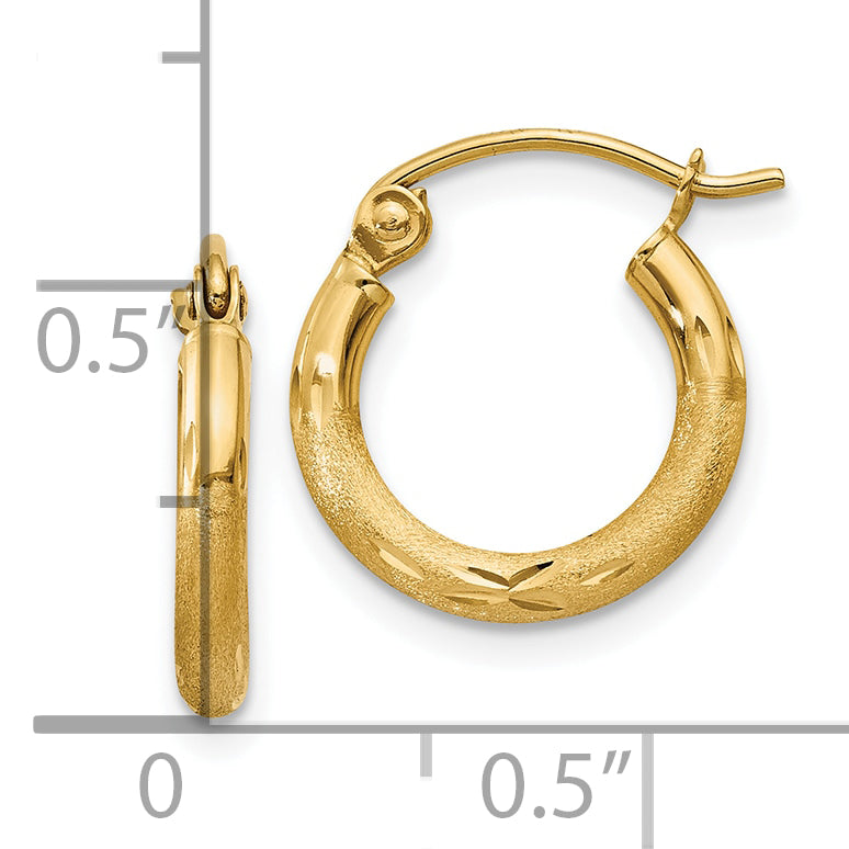 10k Satin and Diamond-cut 2mm Round Tube Hoop Earrings