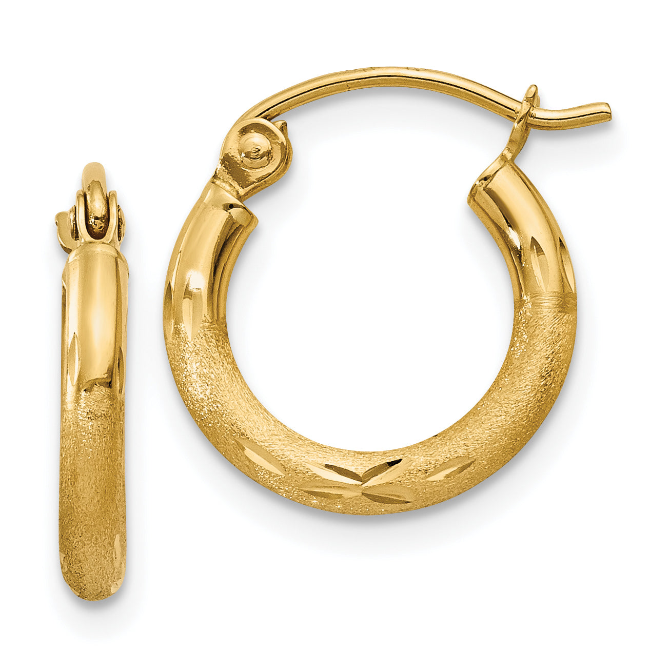 10k Satin and Diamond-cut 2mm Round Tube Hoop Earrings