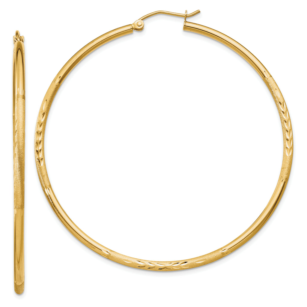 10k Satin and Diamond-cut 2mm Round Tube Hoop Earrings