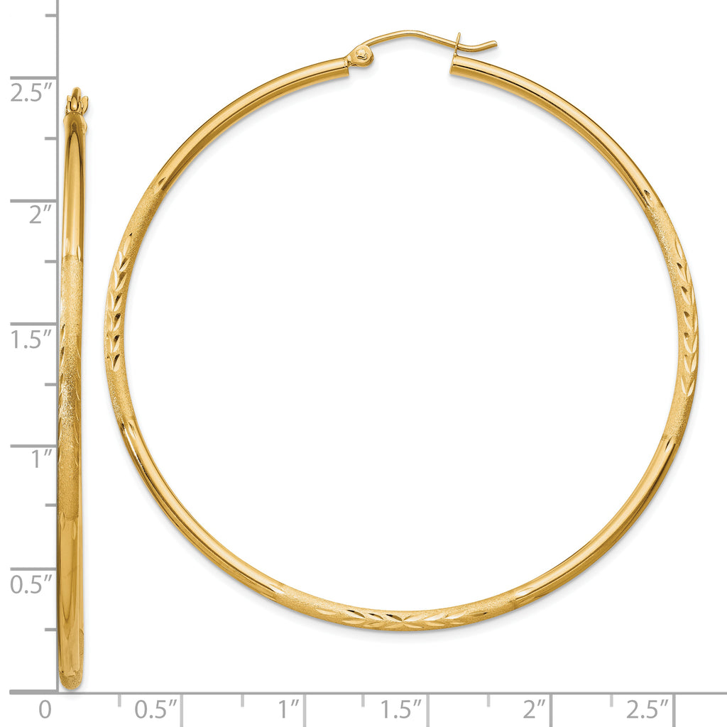 10k Satin and Diamond-cut 2mm Round Tube Hoop Earrings
