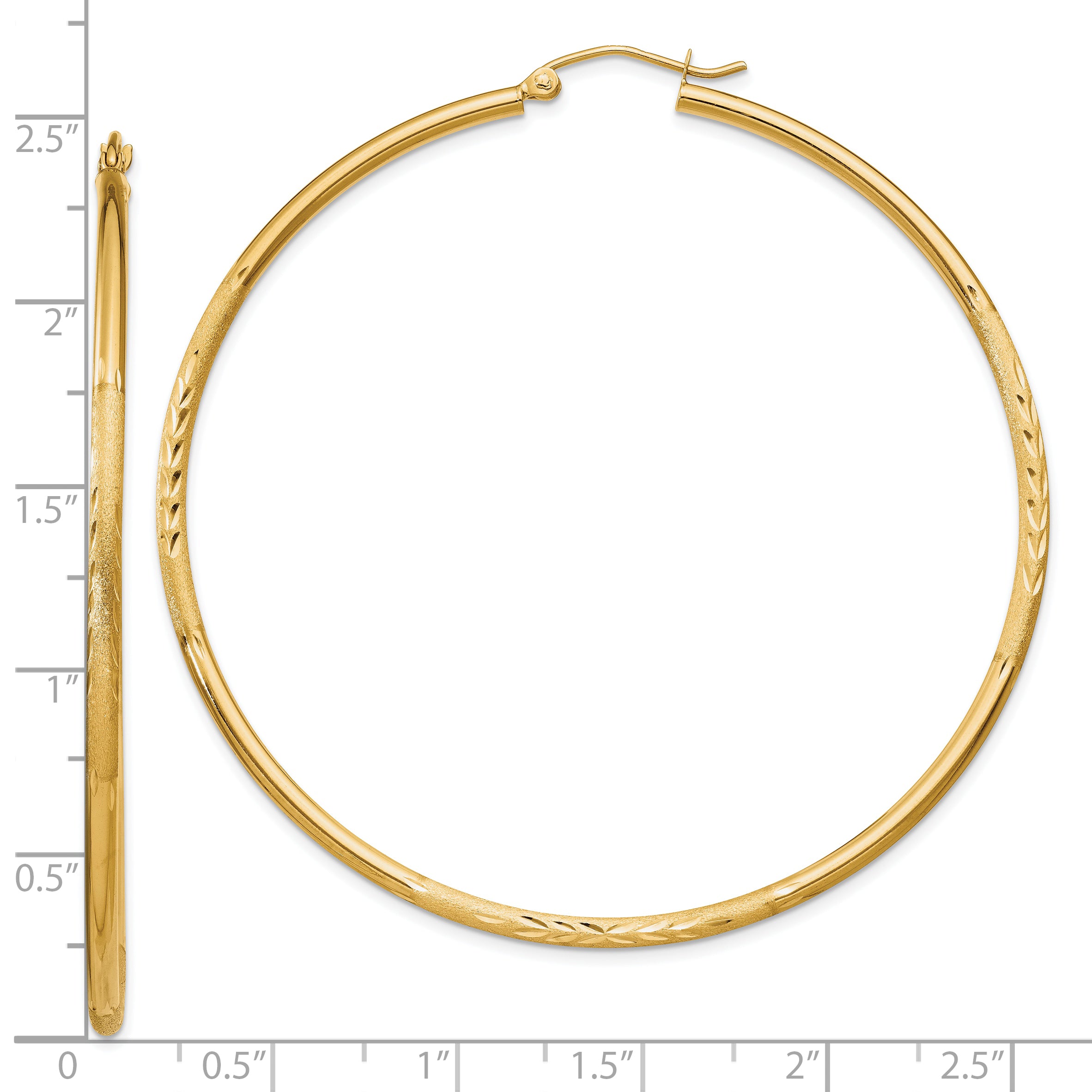 10k Satin and Diamond-cut 2mm Round Tube Hoop Earrings