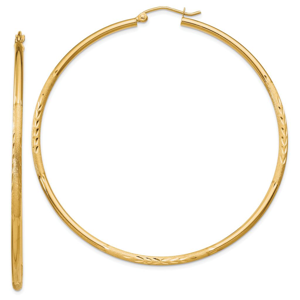 10k Satin and Diamond-cut 2mm Round Tube Hoop Earrings