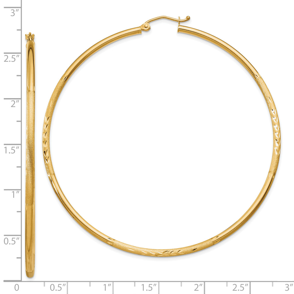 10k Satin and Diamond-cut 2mm Round Tube Hoop Earrings