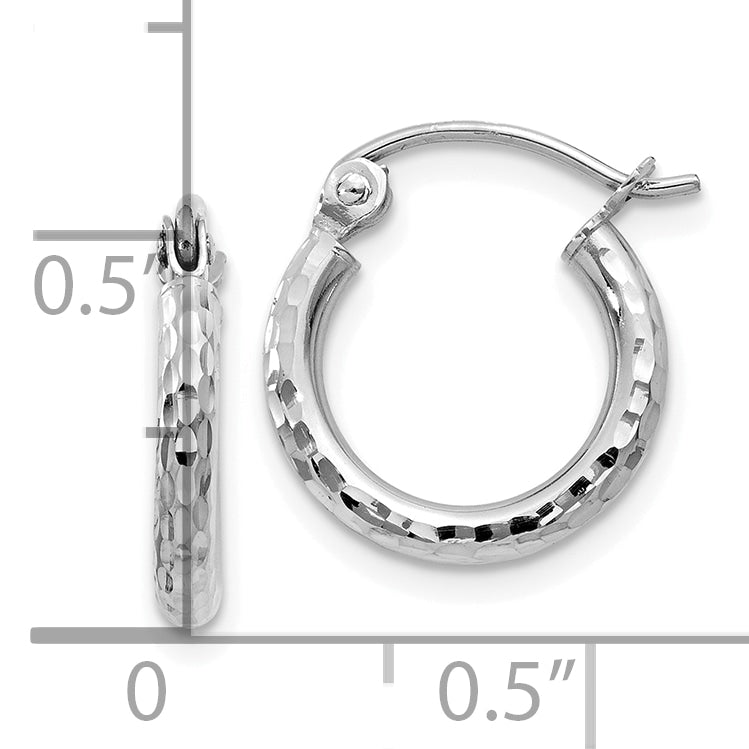 10k White Gold Diamond-cut 2mm Round Tube Hoop Earrings