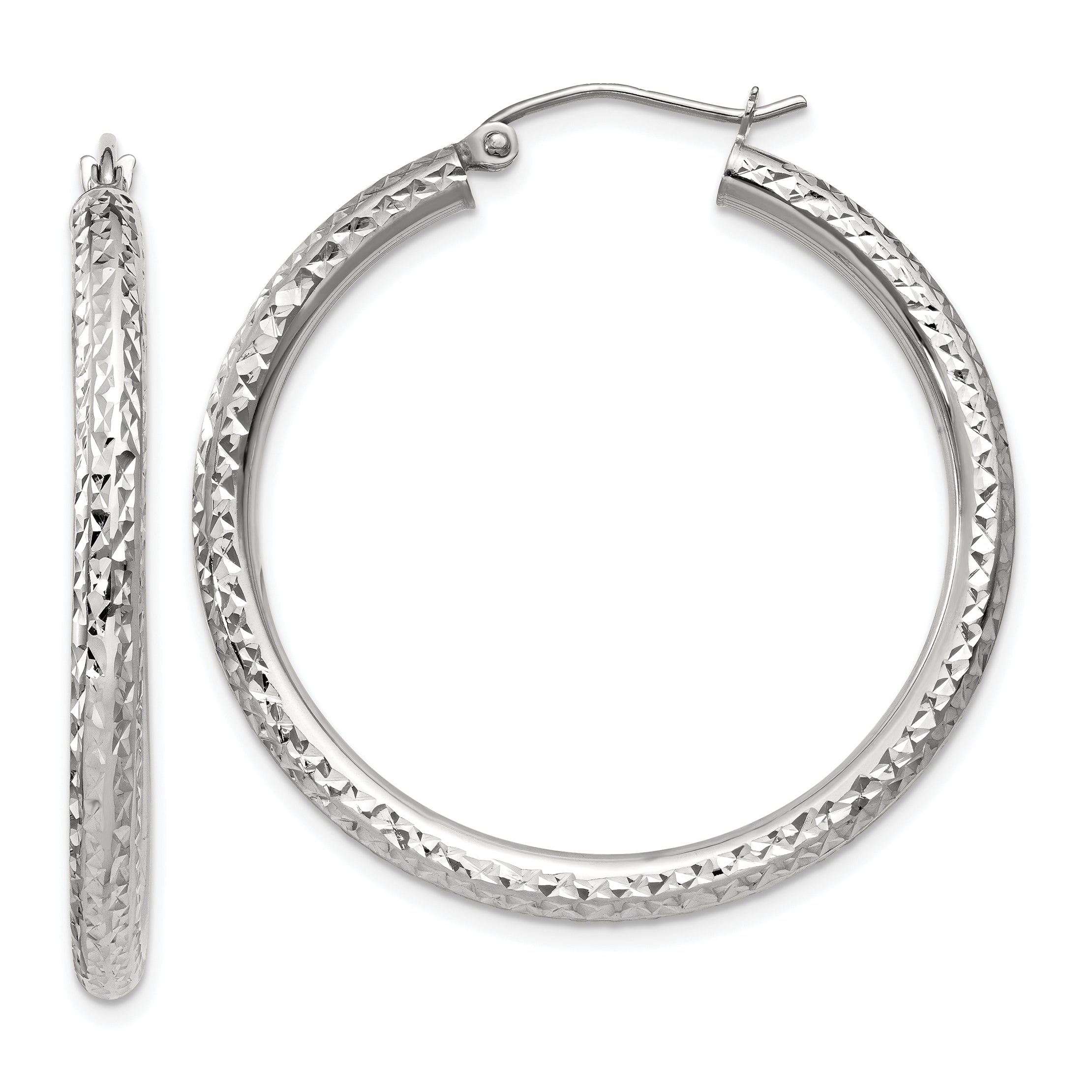 10k White Gold Diamond-cut 3mm Round Hoop Earrings Main image