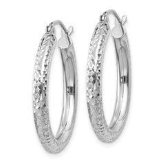 10k White Gold Diamond-cut 3mm Round Hoop Earrings