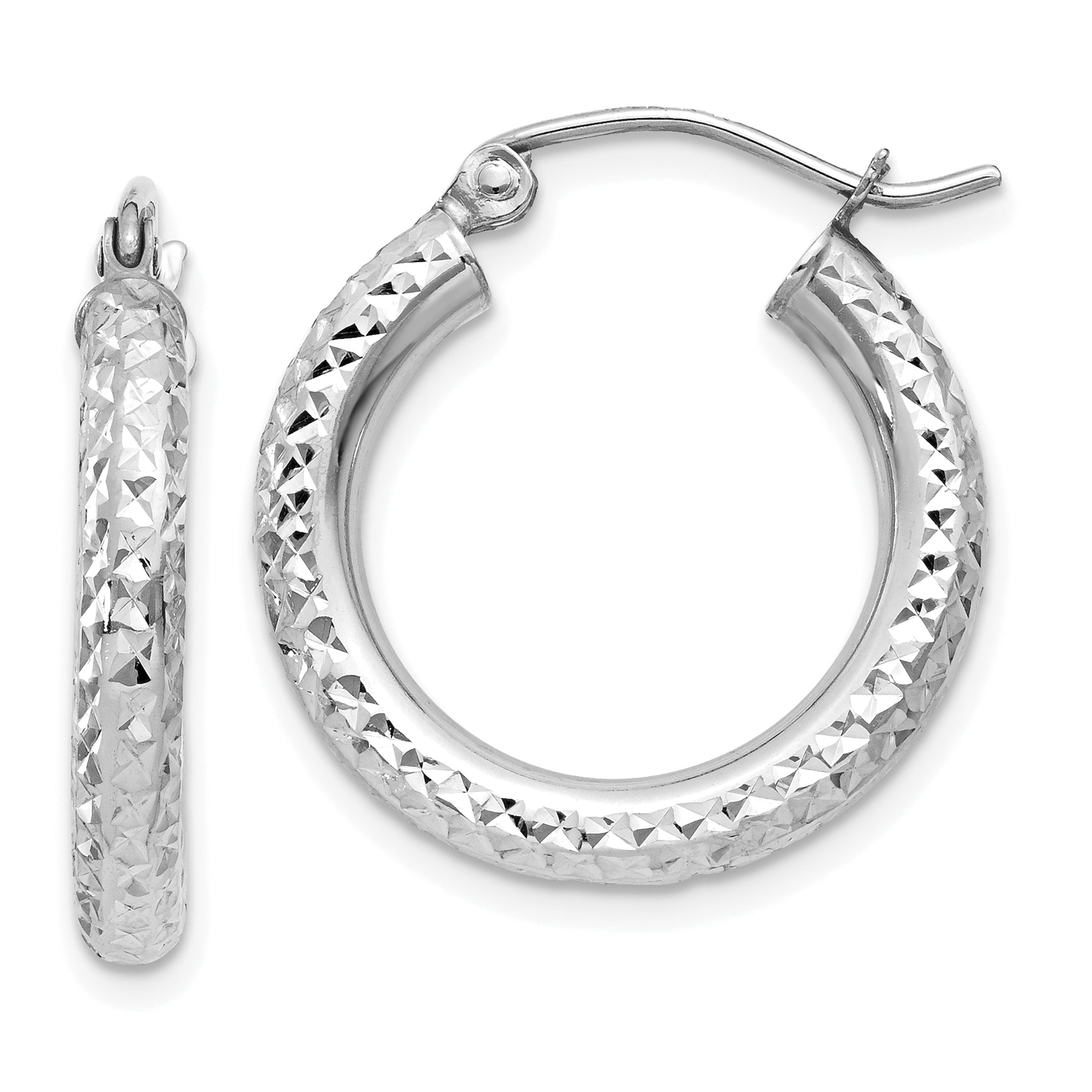 10k White Gold Diamond-cut 3mm Round Hoop Earrings Main image