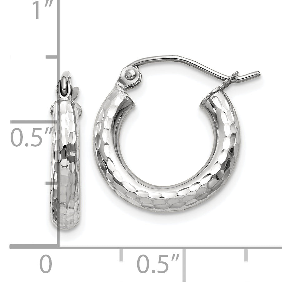 10k White Gold Diamond-cut 3mm Round Hoop Earrings