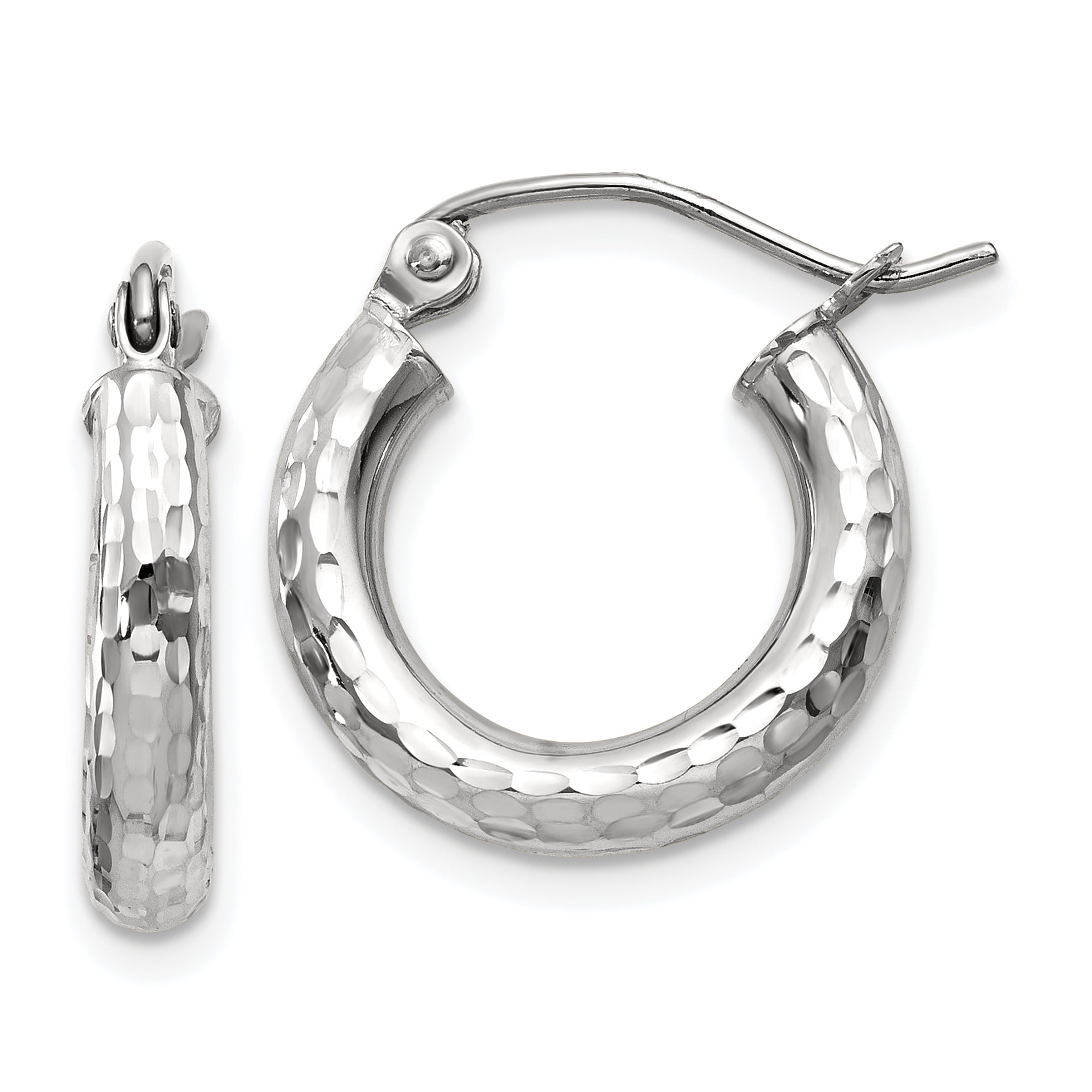 10k White Gold Diamond-cut 3mm Round Hoop Earrings Main image