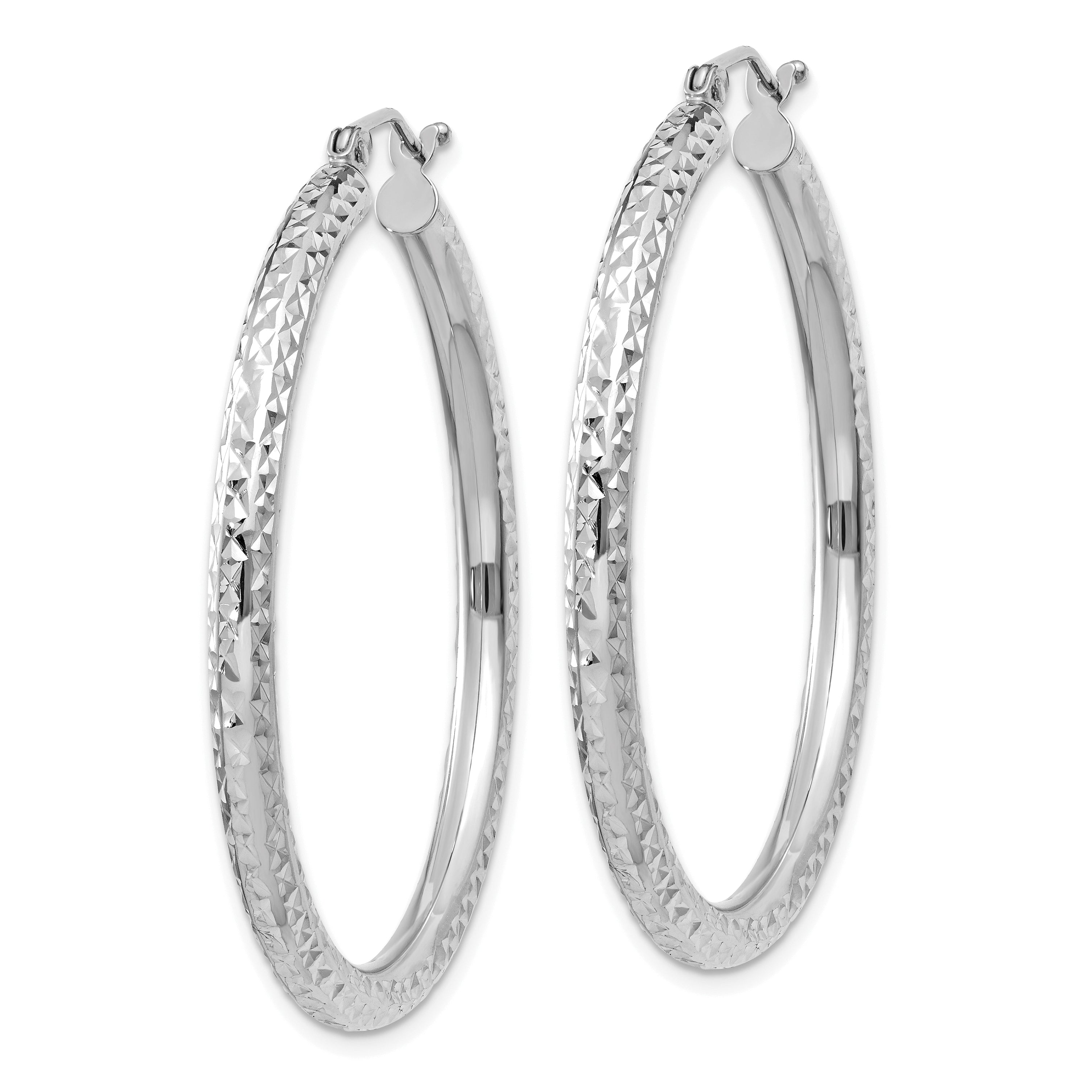 10k White Gold Diamond-cut 3mm Round Hoop Earrings