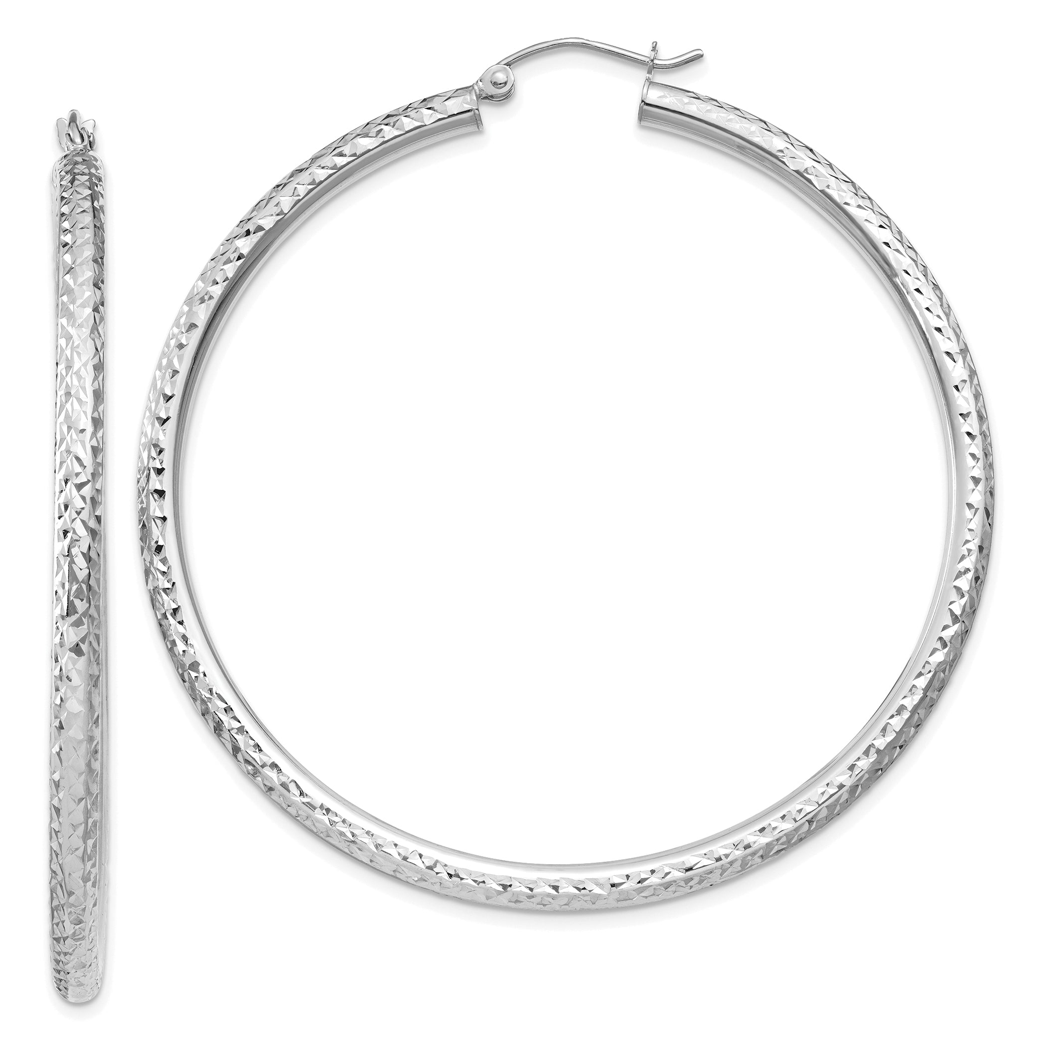 10k White Gold Diamond-cut 3mm Round Hoop Earrings Main image