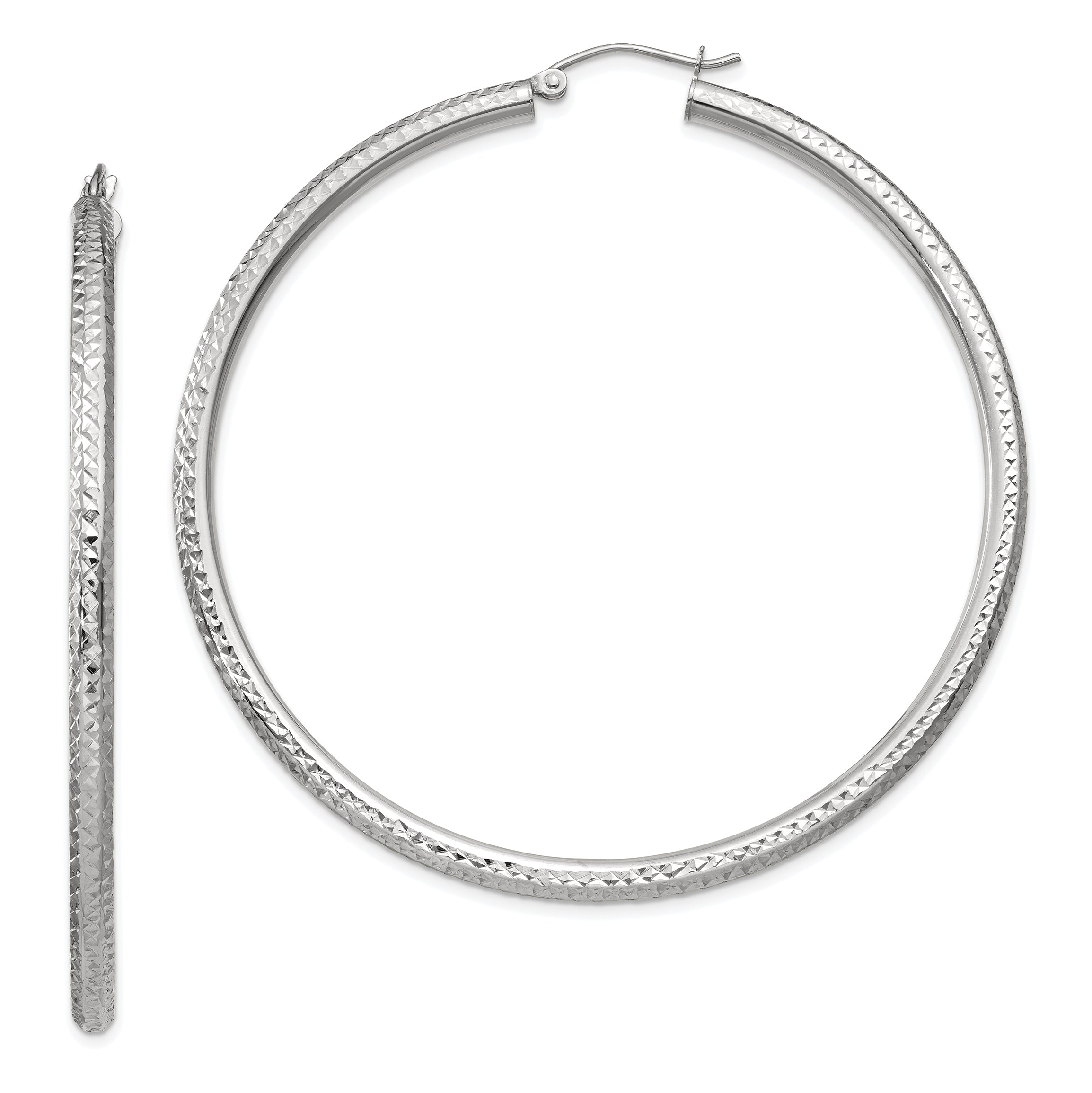 10k White Gold Diamond-cut 3mm Round Hoop Earrings Main image