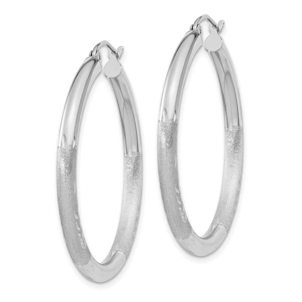 10k White Gold Satin & Diamond-cut 3mm Round Hoop Earrings