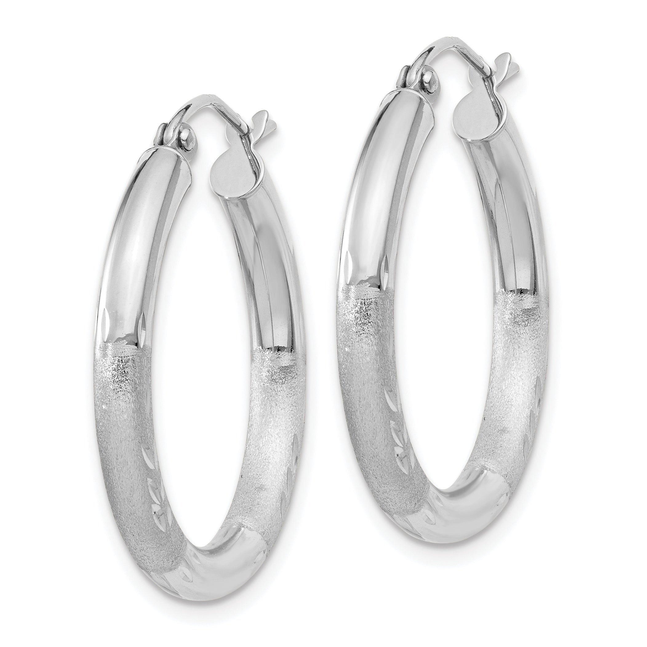 10k White Gold Satin & Diamond-cut 3mm Round Hoop Earrings Secondary image